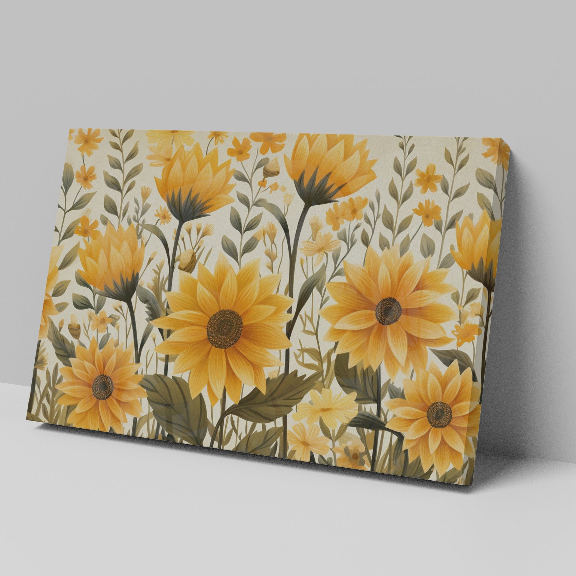 Framed canvas print of golden sunflowers and green foliage on a neutral background