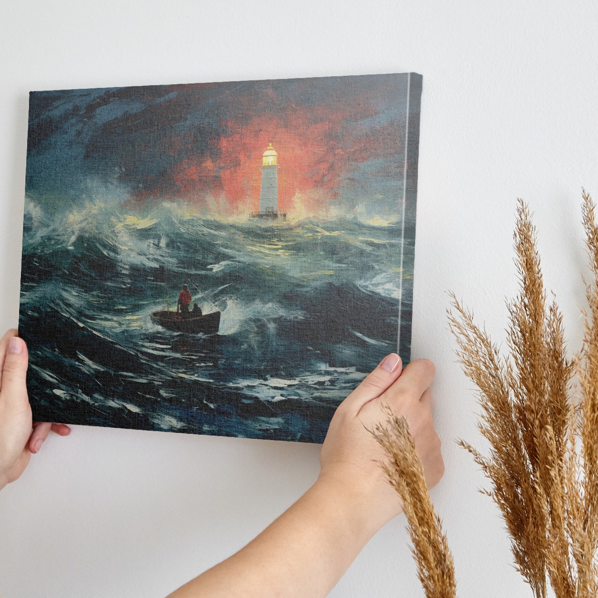 Framed canvas print of a stormy seascape with a lighthouse beacon and a boat at sea, featuring expressive brushstrokes and a dramatic red and blue colour scheme