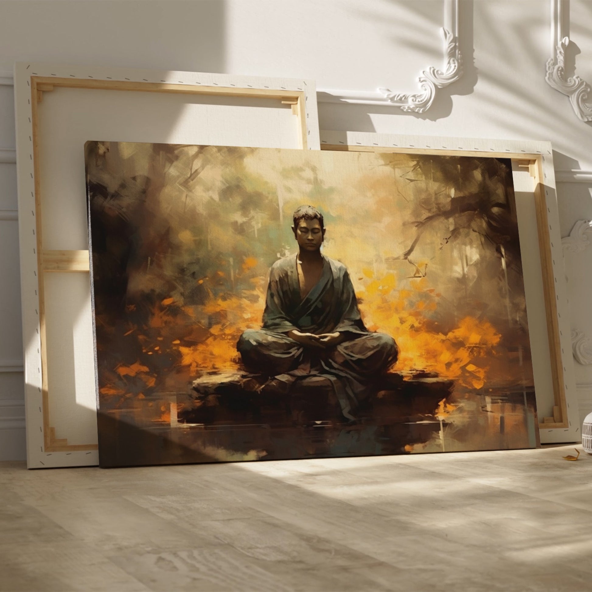 Framed canvas print of a meditative Buddha in a serene forest setting with warm, fiery orange hues