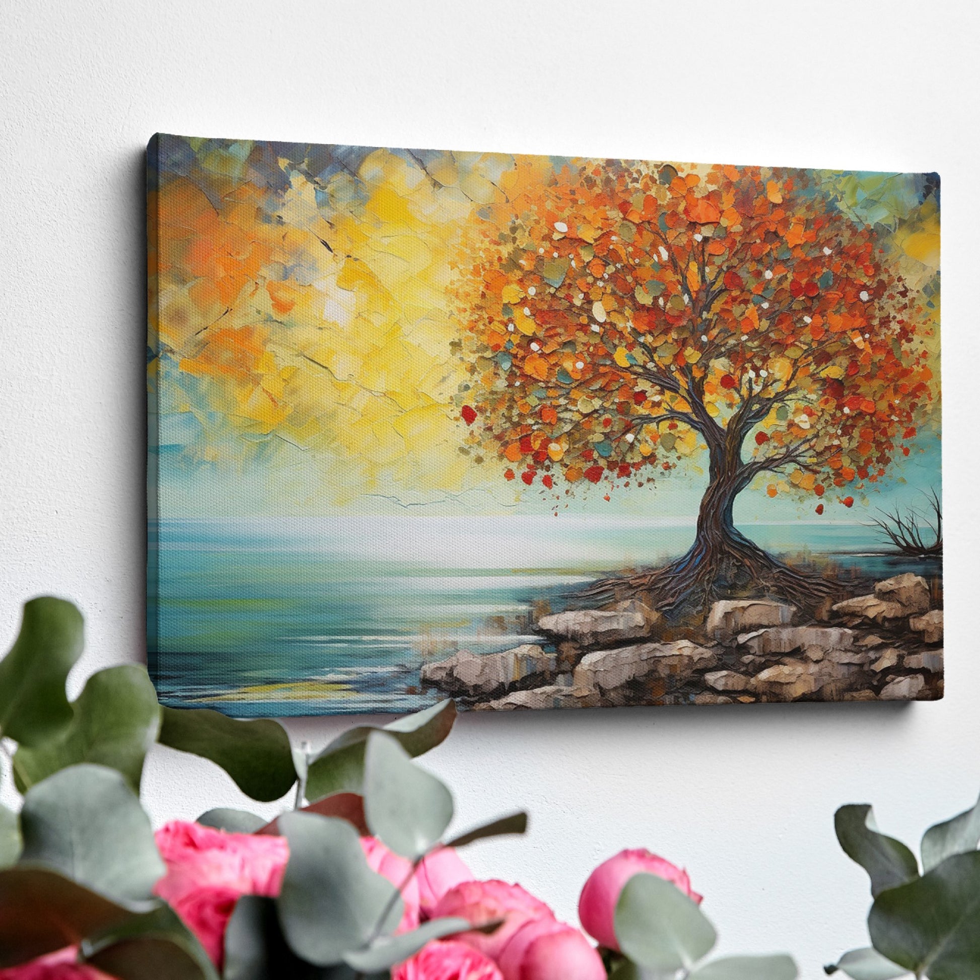 Impressionistic painting of a tree with golden autumn leaves by the coast on canvas