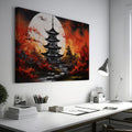 Framed canvas print of a traditional Asian pagoda under a full moon with vibrant autumn red and black colours