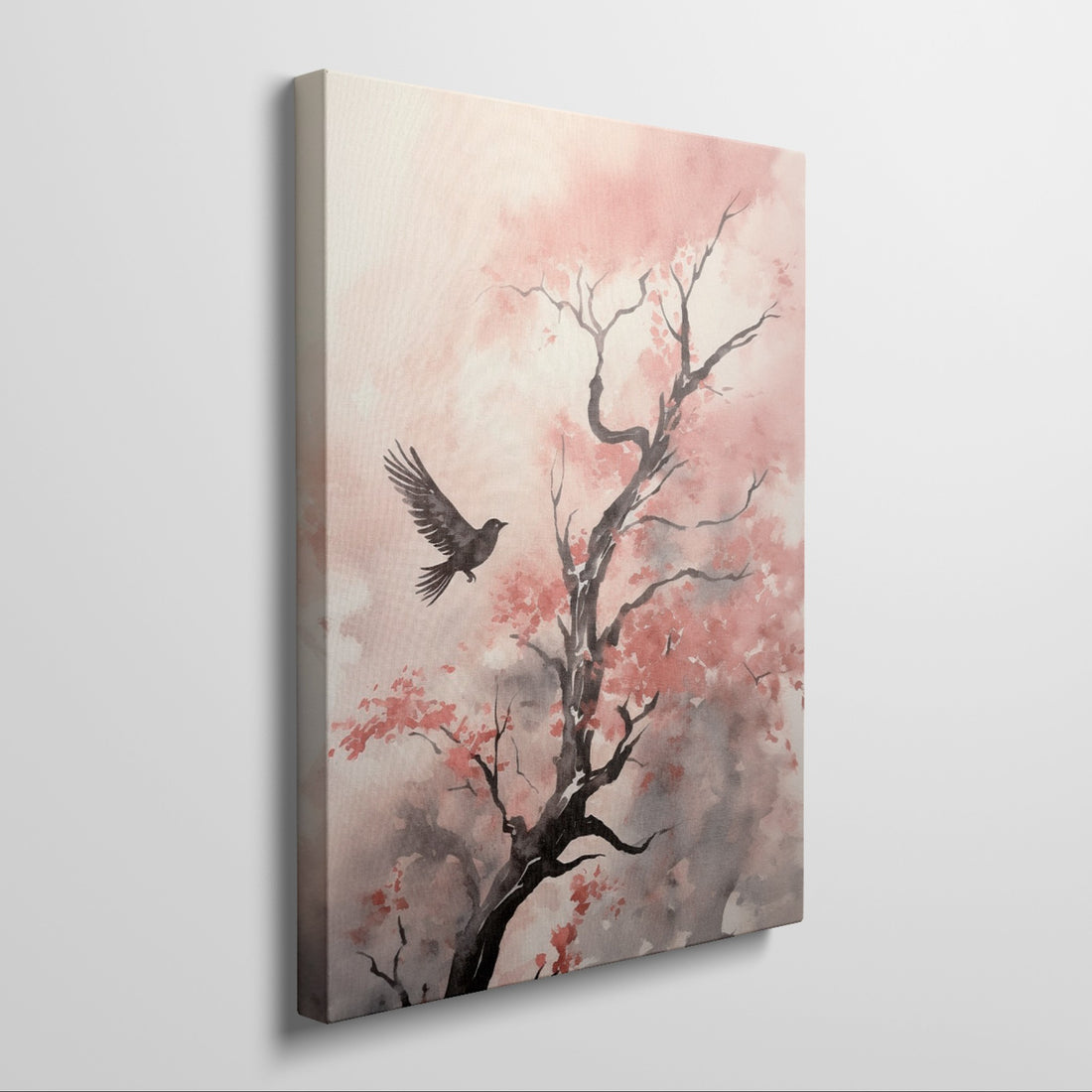 Framed canvas print of watercolour bird flying near red leaves on a tree