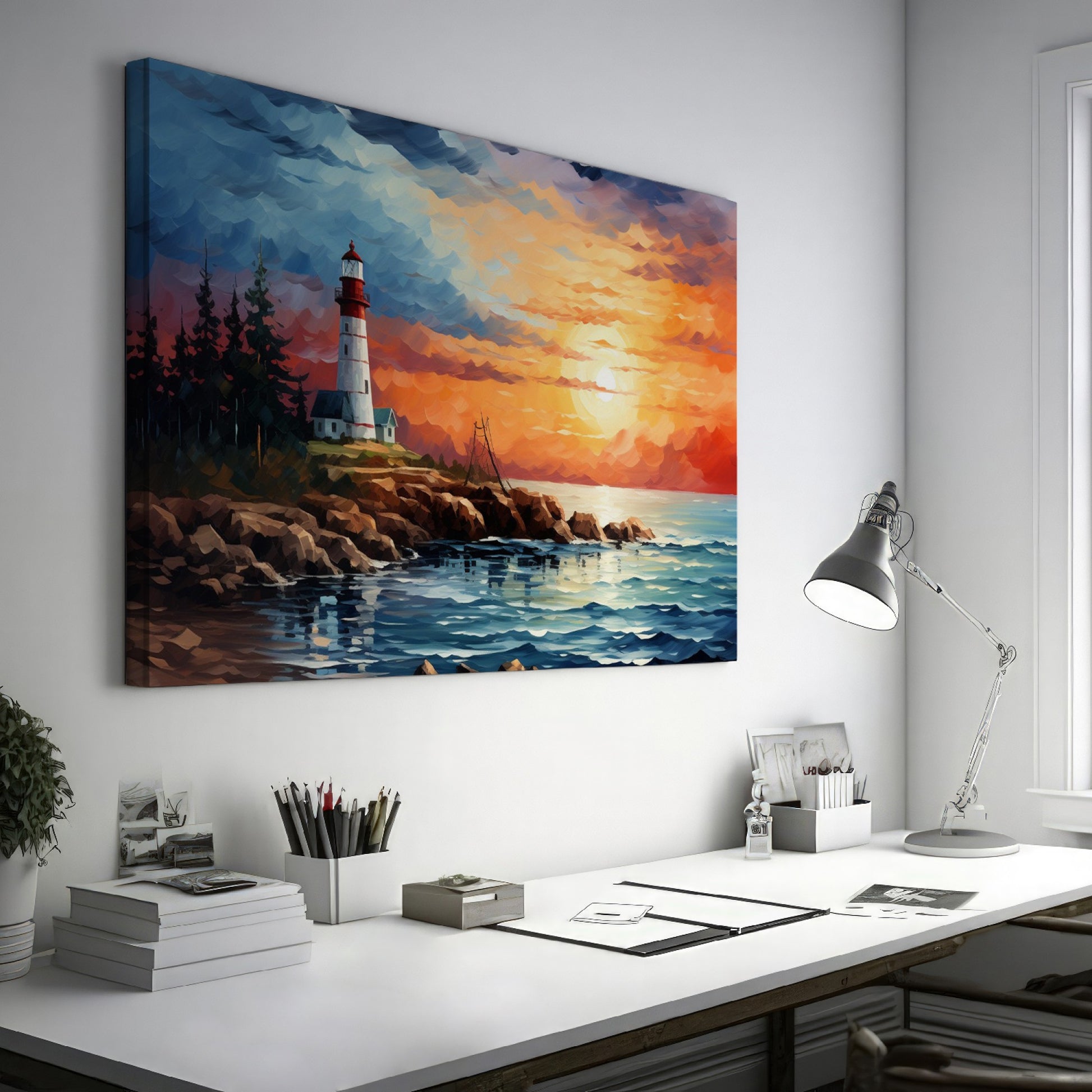 Framed canvas print of a vibrant impressionist sunset over a lighthouse and ocean