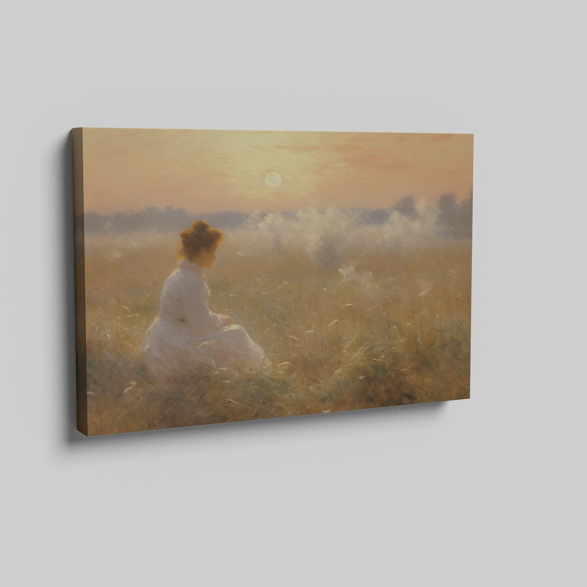 Framed canvas print of a woman in a white dress gazing at a misty sunrise over a golden field