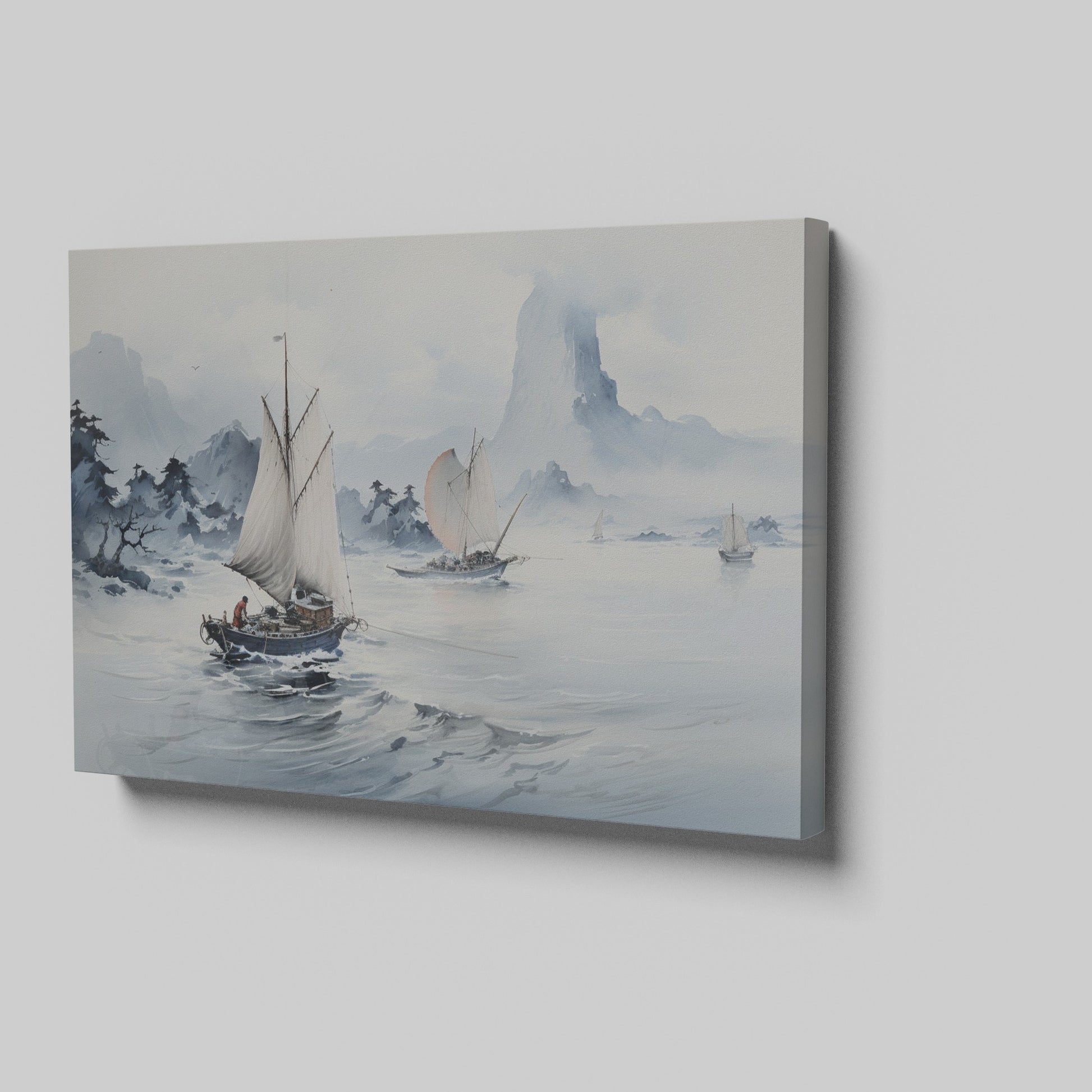 Framed canvas print of serene Oriental sailboats in watercolour with misty mountains and calm sea