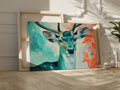 Framed canvas print of a vibrant, modern depiction of a stag with abstract elements