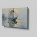 Framed canvas print of tranquil dawn light with an elegant sailing ship reflecting in the ocean