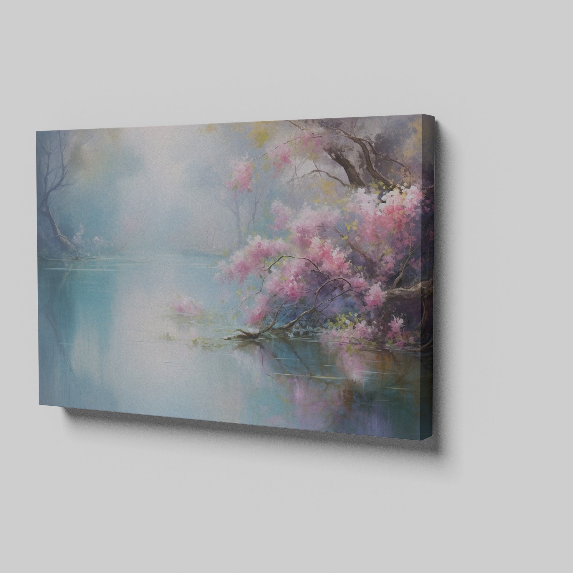 Framed canvas print of a tranquil lakeside scene with cherry blossoms and misty atmosphere