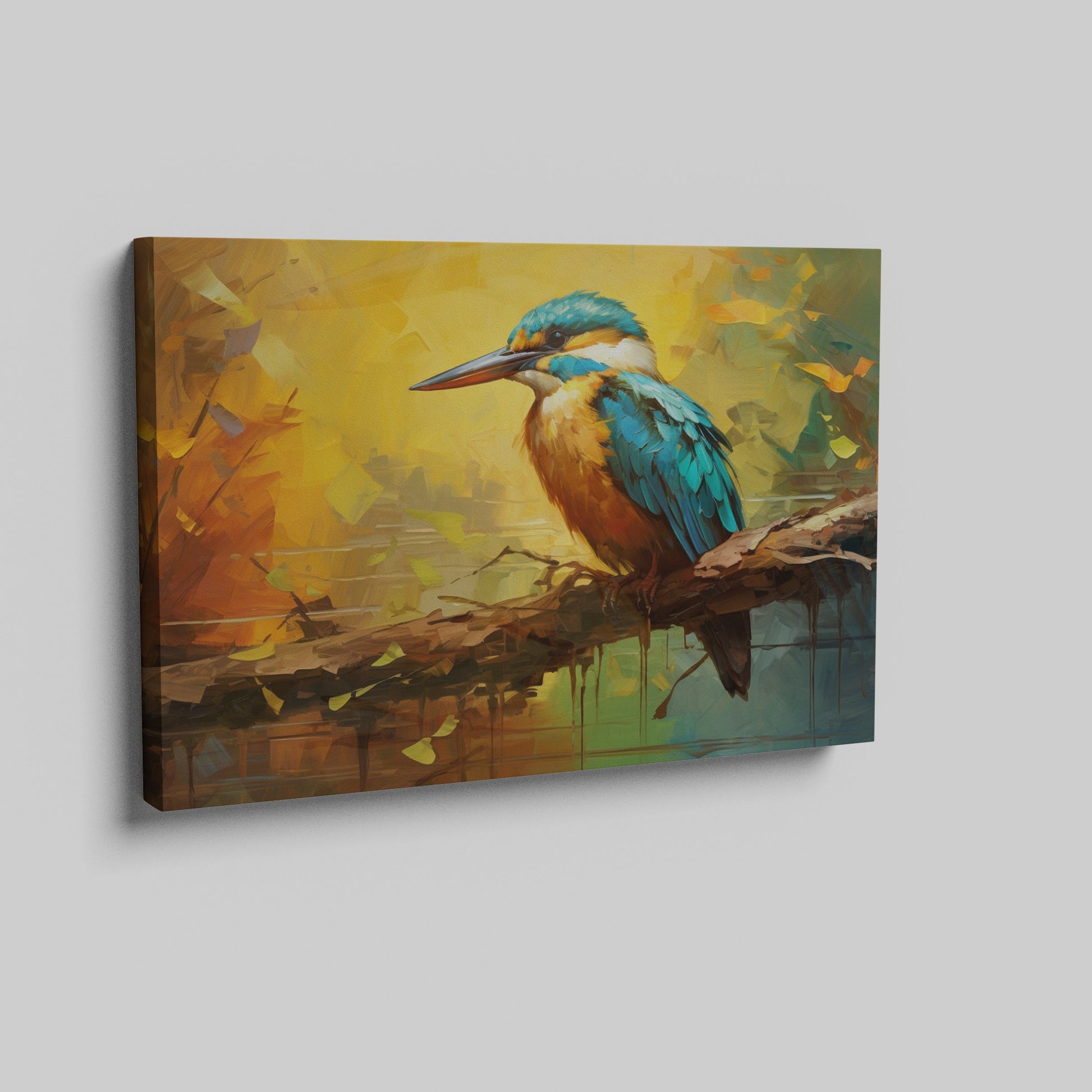 Framed canvas print of a vibrant, colourful impressionistic kingfisher perched on a branch