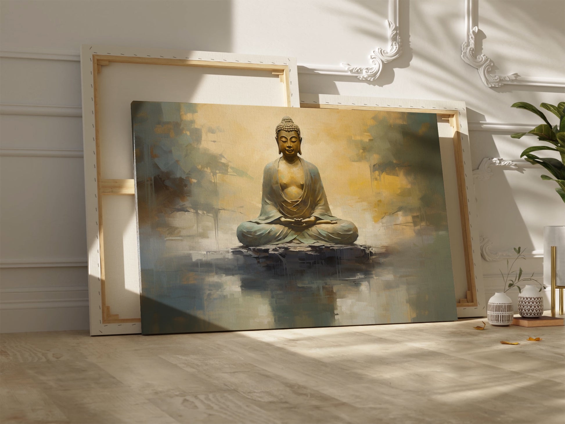 Framed canvas print of a serene Buddha in meditation with abstract golden backgrounds