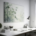 Framed canvas print of a misty bamboo forest in tranquil green and white tones