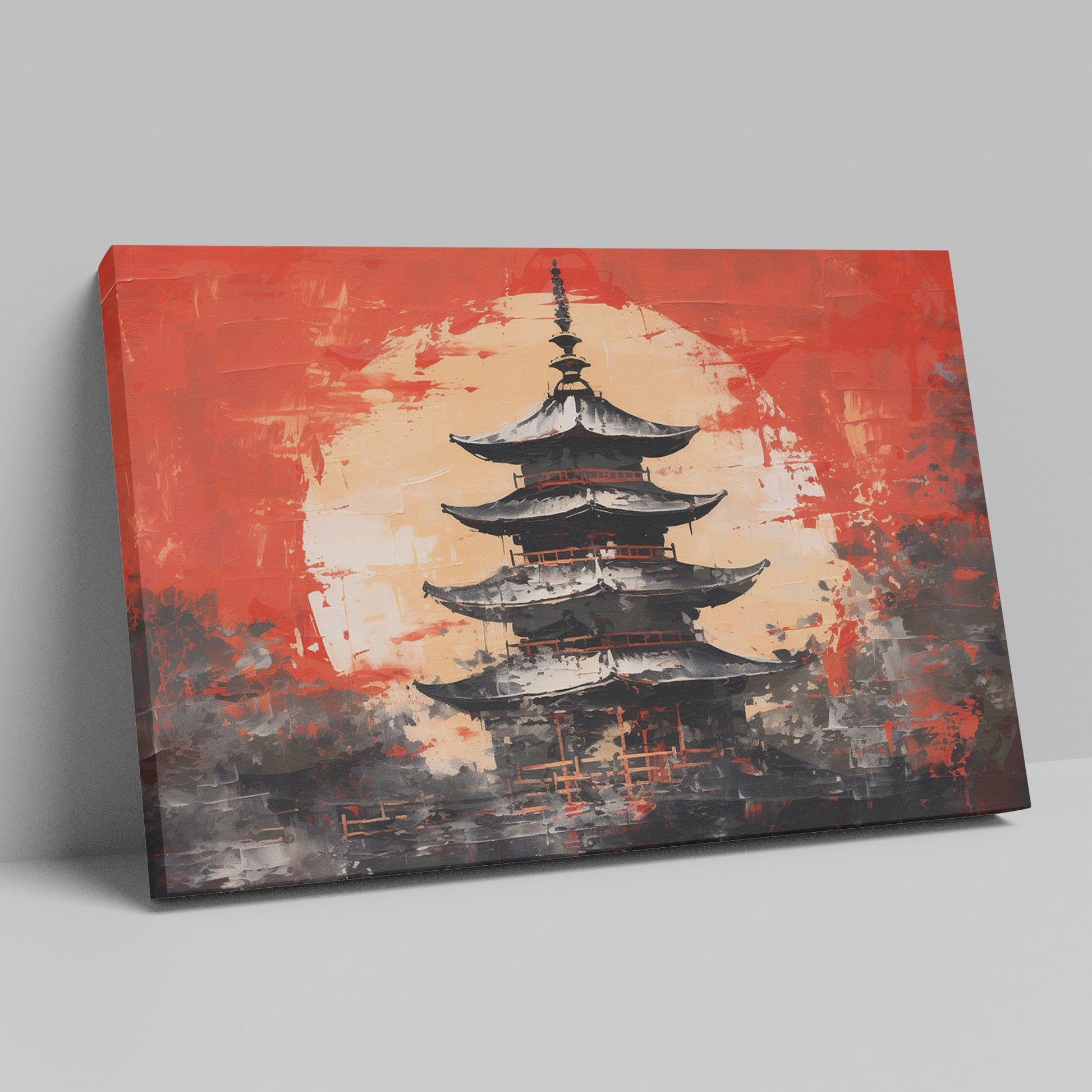 Framed canvas print of abstract Japanese pagoda in bold red and black colours