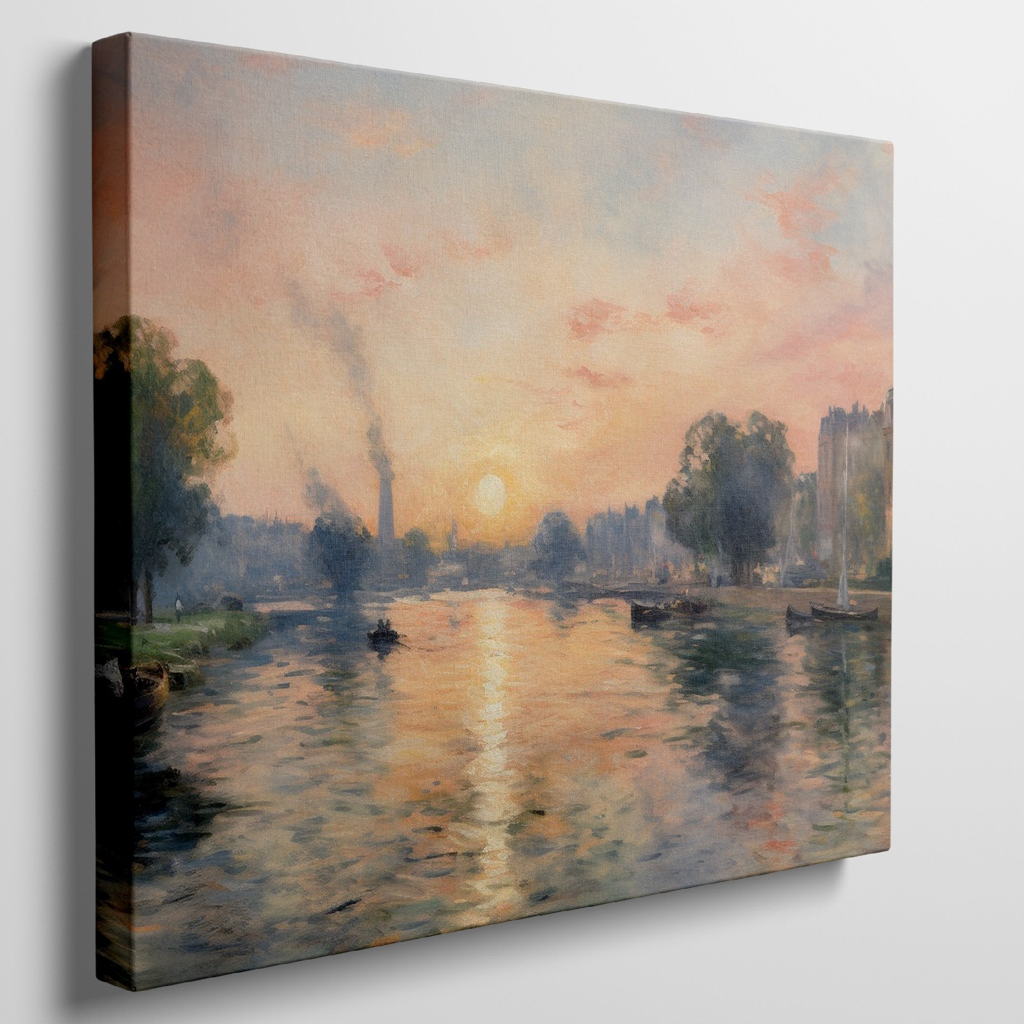 Framed canvas print of an Impressionist-style river scene with a sunset, reflective water and boats