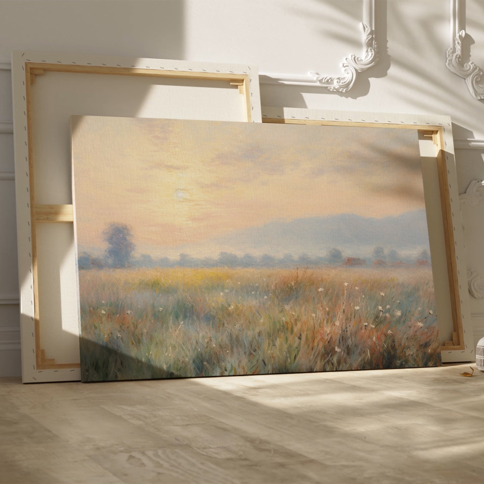 Framed canvas print of an impressionist painting with a sunrise over a tranquil countryside landscape