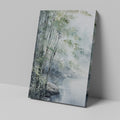 Framed canvas print of a misty bamboo grove with soft watercolour finishes