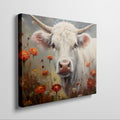 Framed canvas print of realistic cow in a floral setting with warm tones