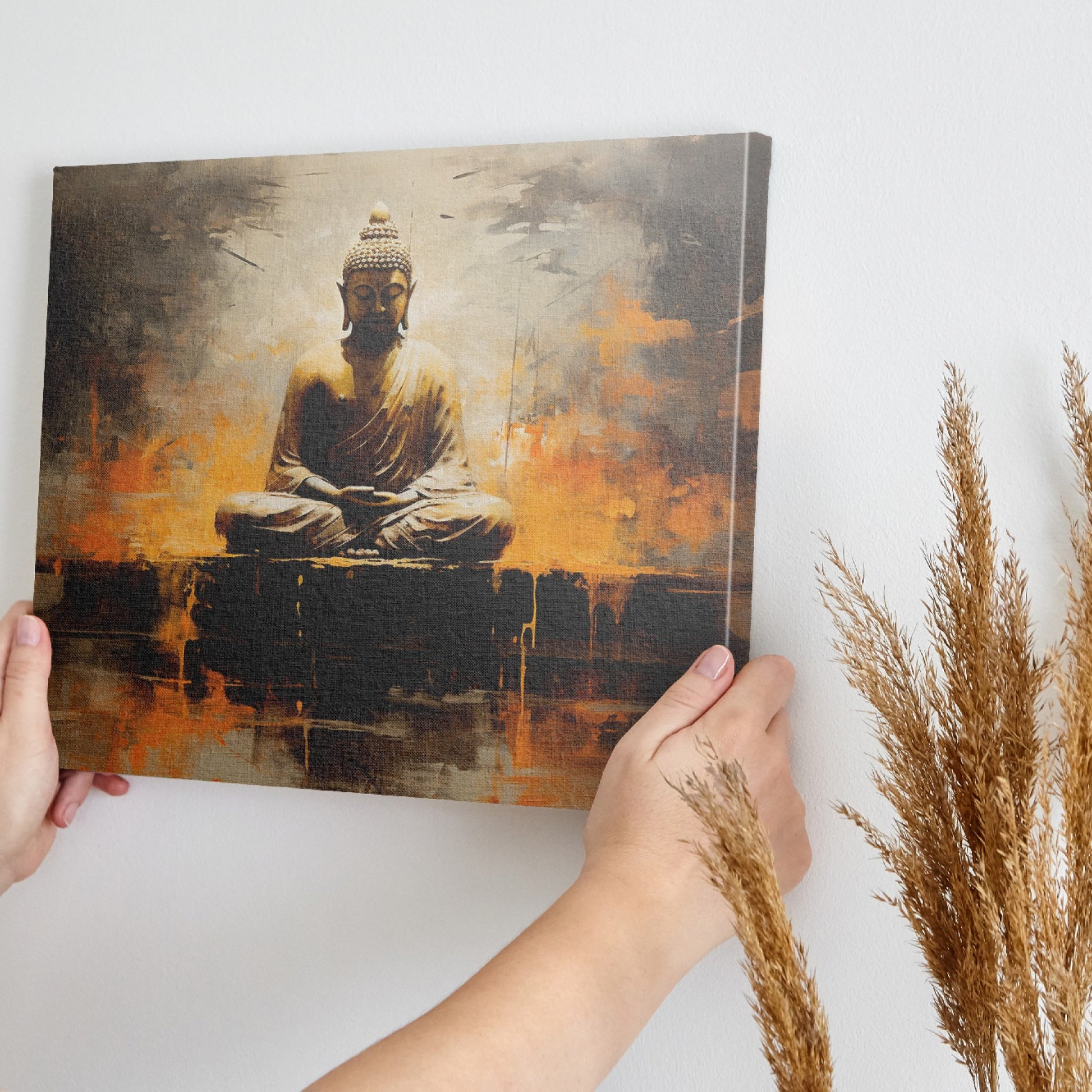 Framed canvas print of a serene Buddha in abstract style with warm orange and brown tones