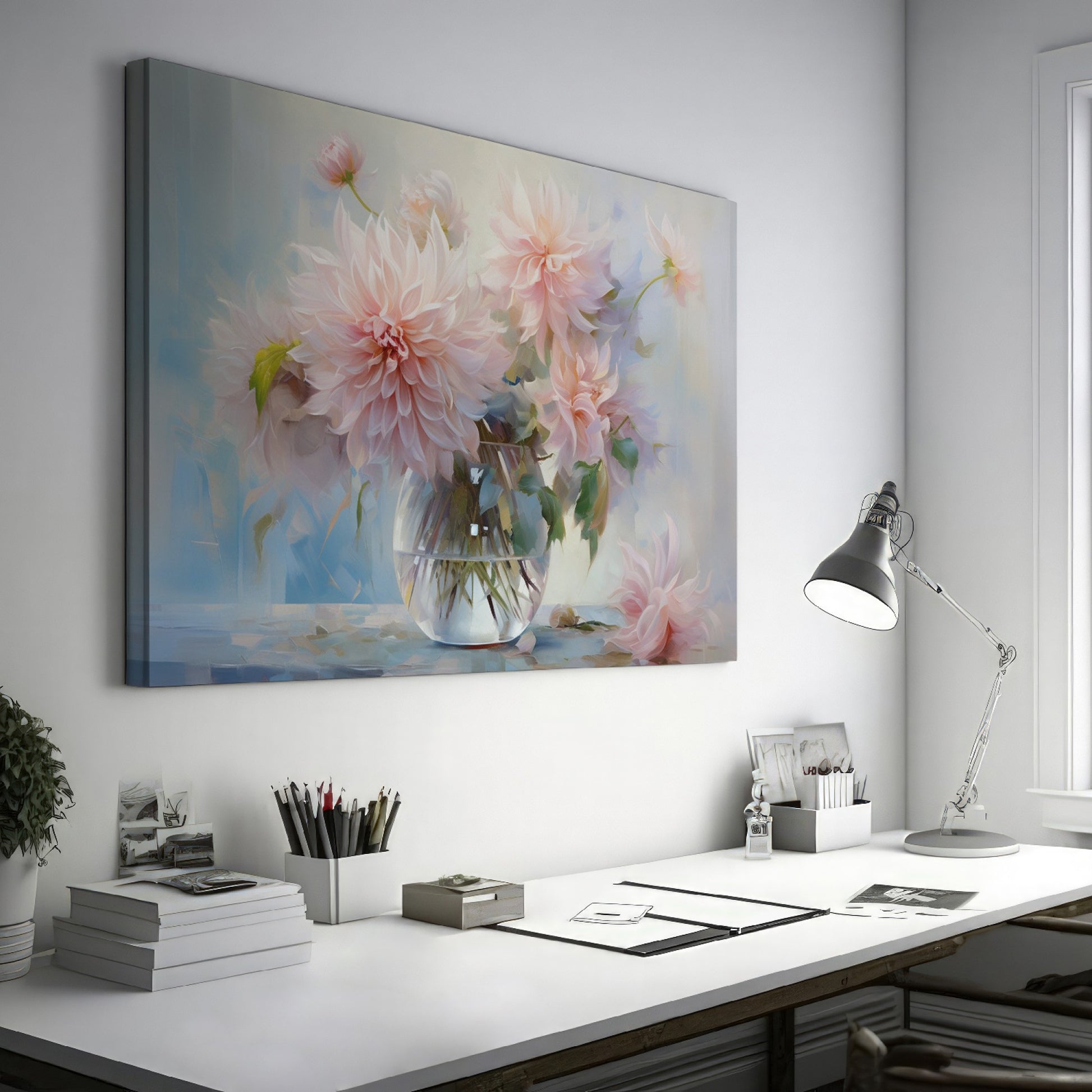 Framed canvas print of delicate dahlias in a glass vase with a soft pastel palette