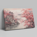 Framed canvas print of Oriental landscape with cherry blossoms and misty mountains