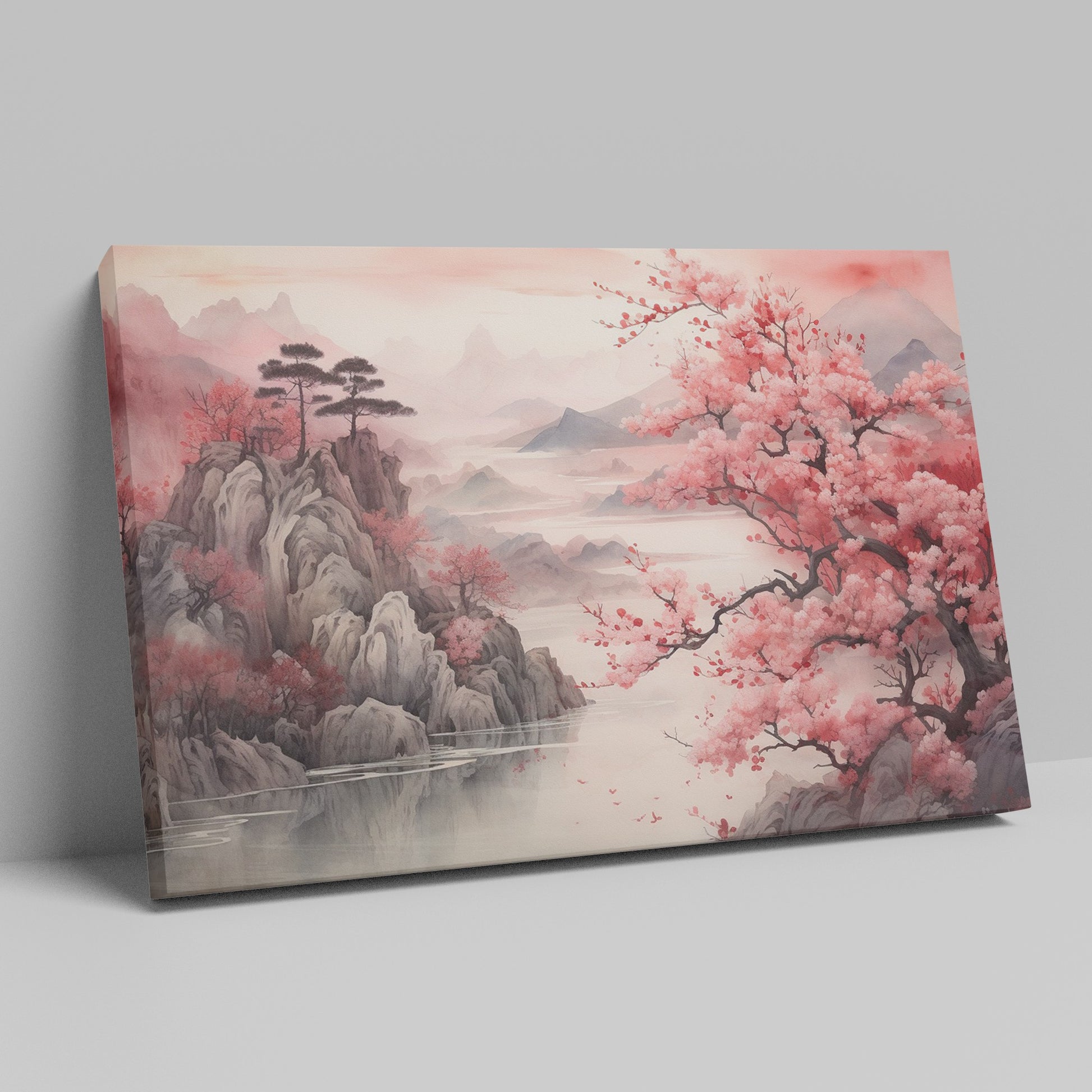 Framed canvas print of Oriental landscape with cherry blossoms and misty mountains