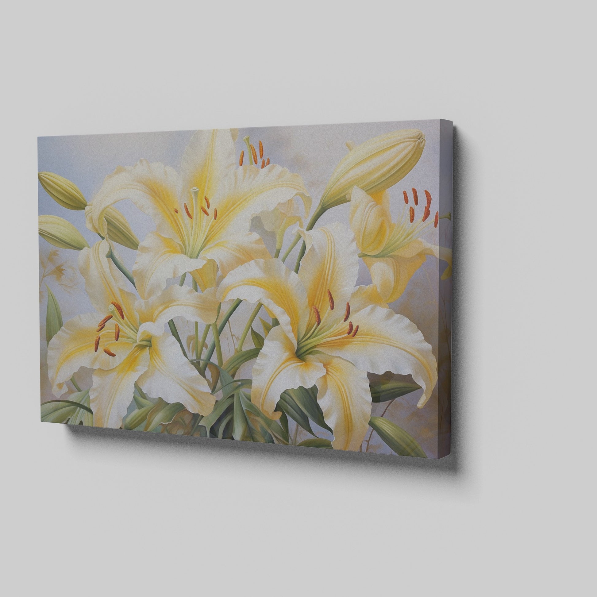 Framed canvas print of realistic sunlit yellow daylilies with lush green leaves