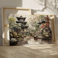 Framed canvas print of a tranquil traditional Asian landscape with a Japanese pagoda and garden