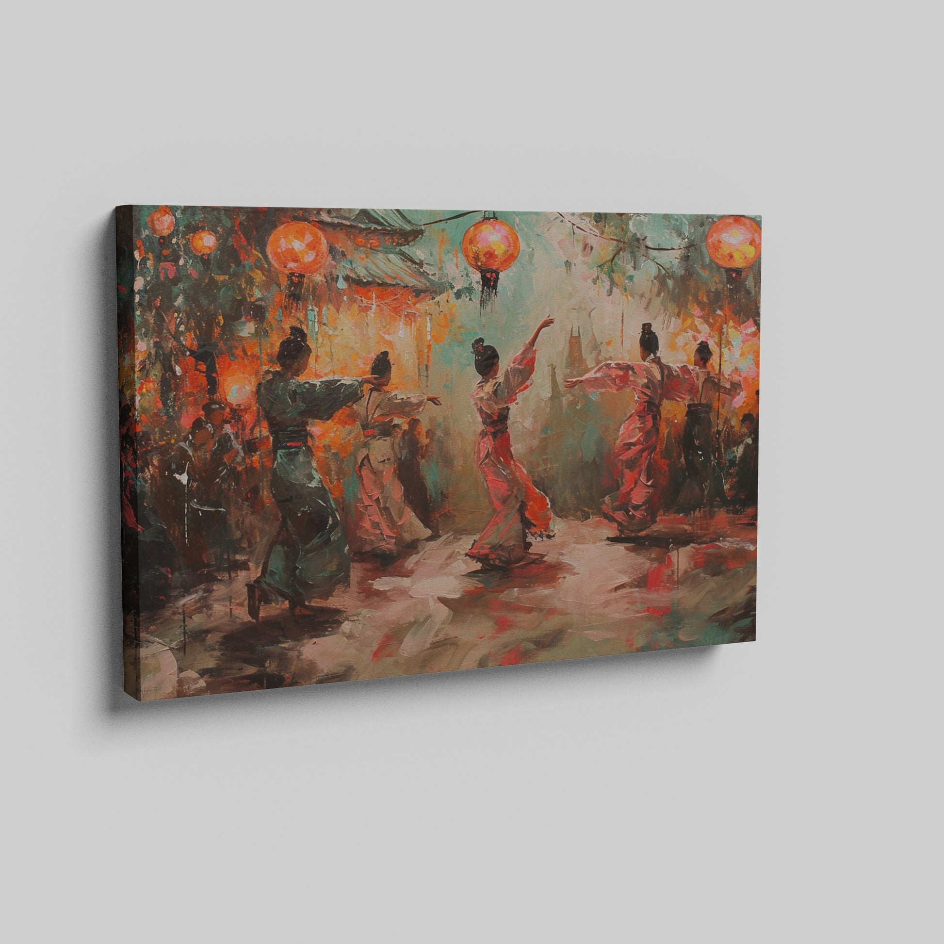 Framed canvas print of traditional dance scene with Chinese lanterns and vibrant abstract figures