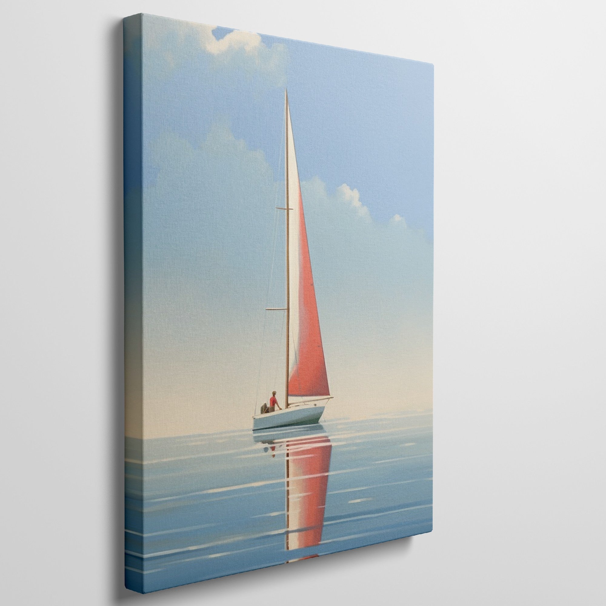 Framed canvas print of a red sailboat on serene blue waters with a clear sky