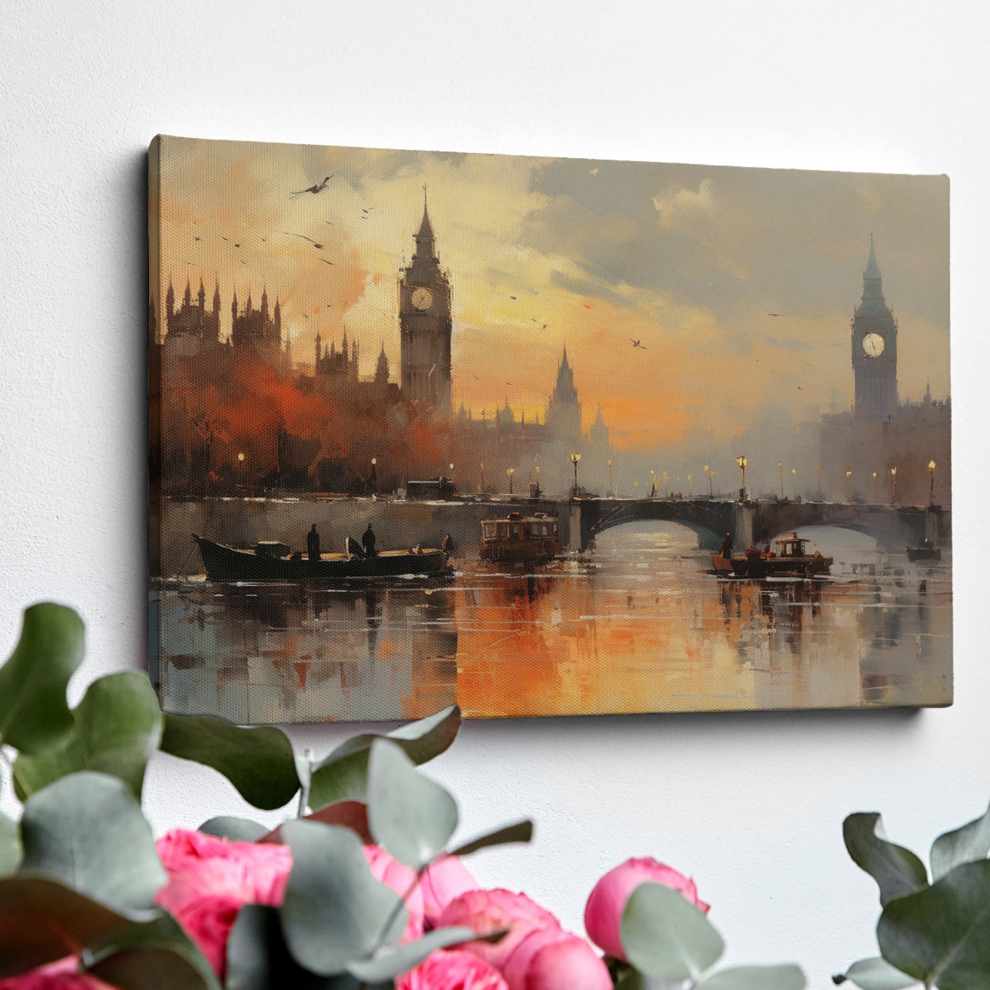 Framed canvas print of London's Big Ben and River Thames during sunset with impressionist style painting