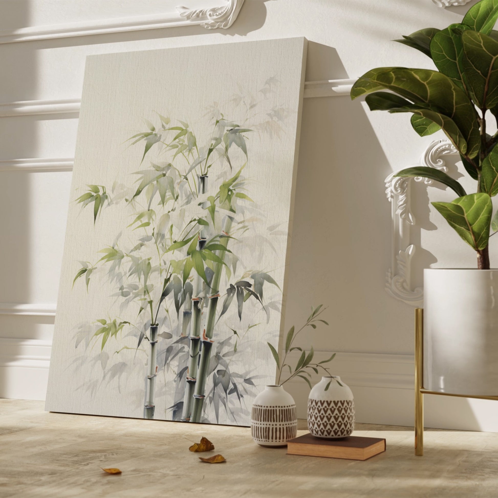 Framed canvas print of serene bamboo and leaves in a natural, soothing green and white palette