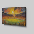 Framed canvas print of an impressionistic painting capturing a vibrant football match in a stadium at sunset