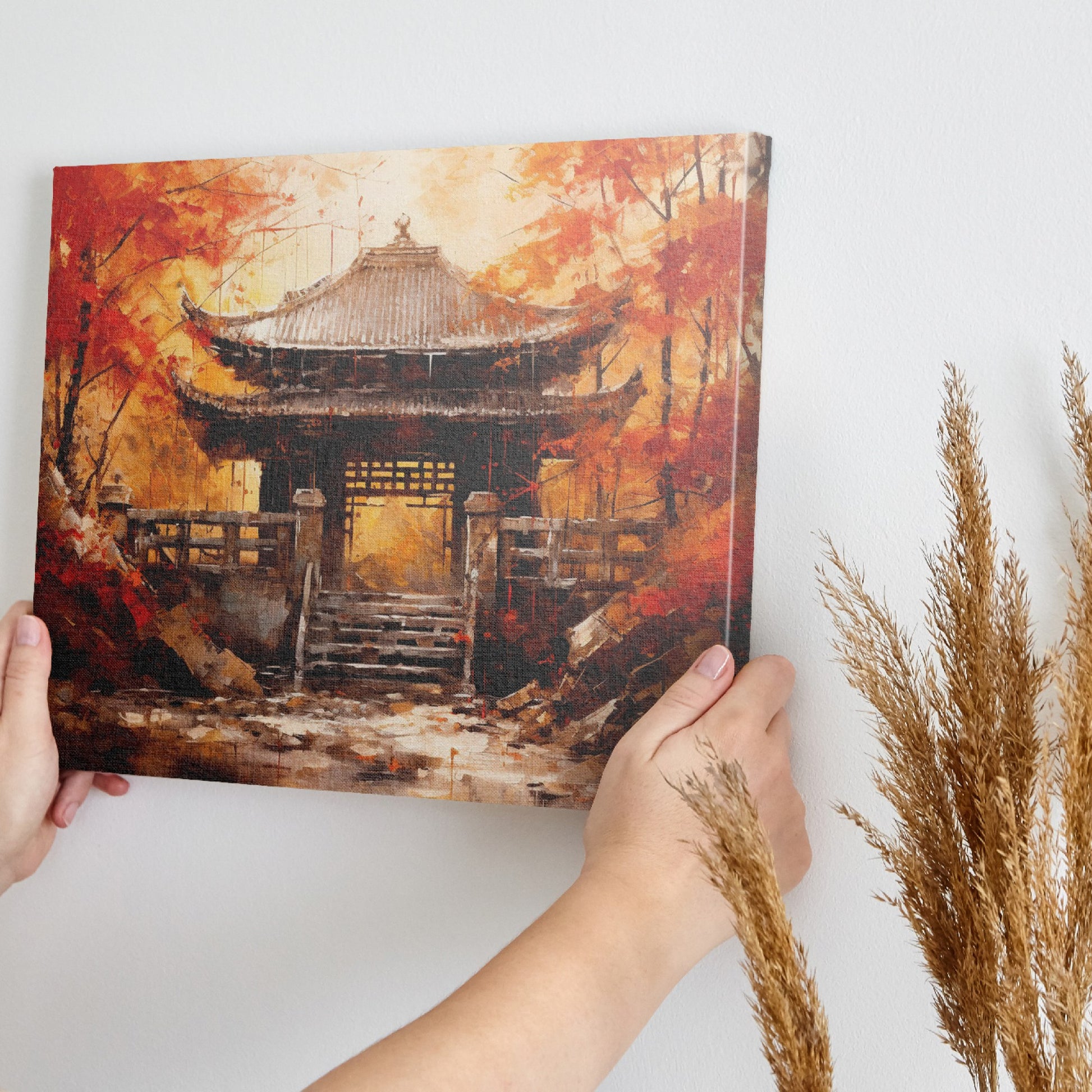 Canvas art of a traditional Asian temple surrounded by red and orange autumn leaves