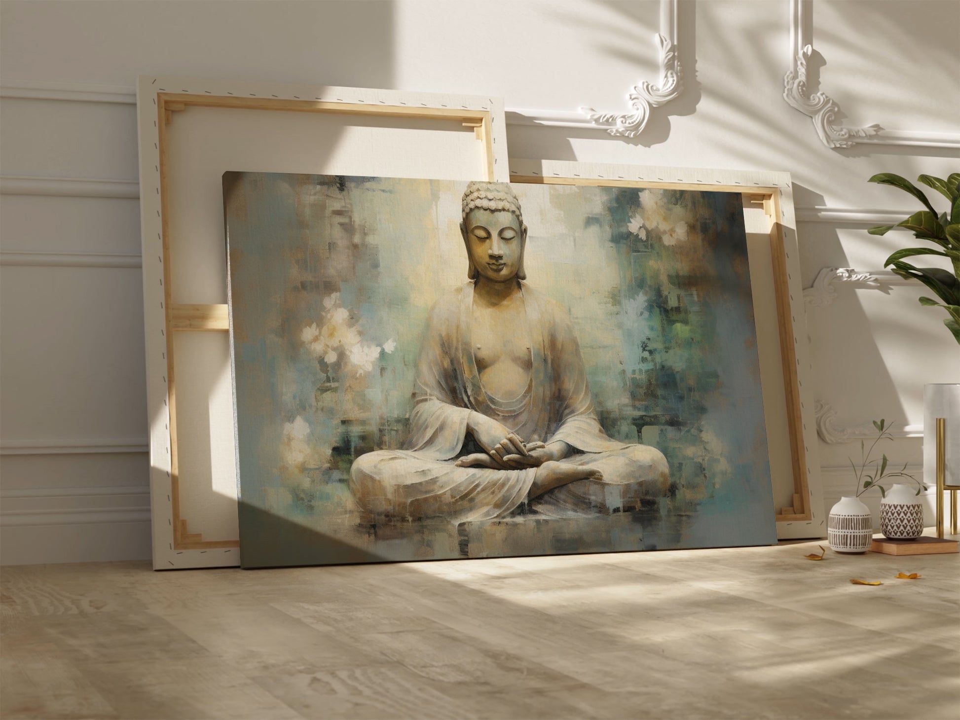 Framed canvas print of a serene Buddha in meditation with ethereal blue and earthy tones