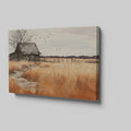 Framed canvas print of a rustic barn in autumn with golden fields and a stone pathway