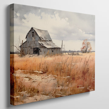 Framed canvas print of an old barn in a golden autumn rural landscape