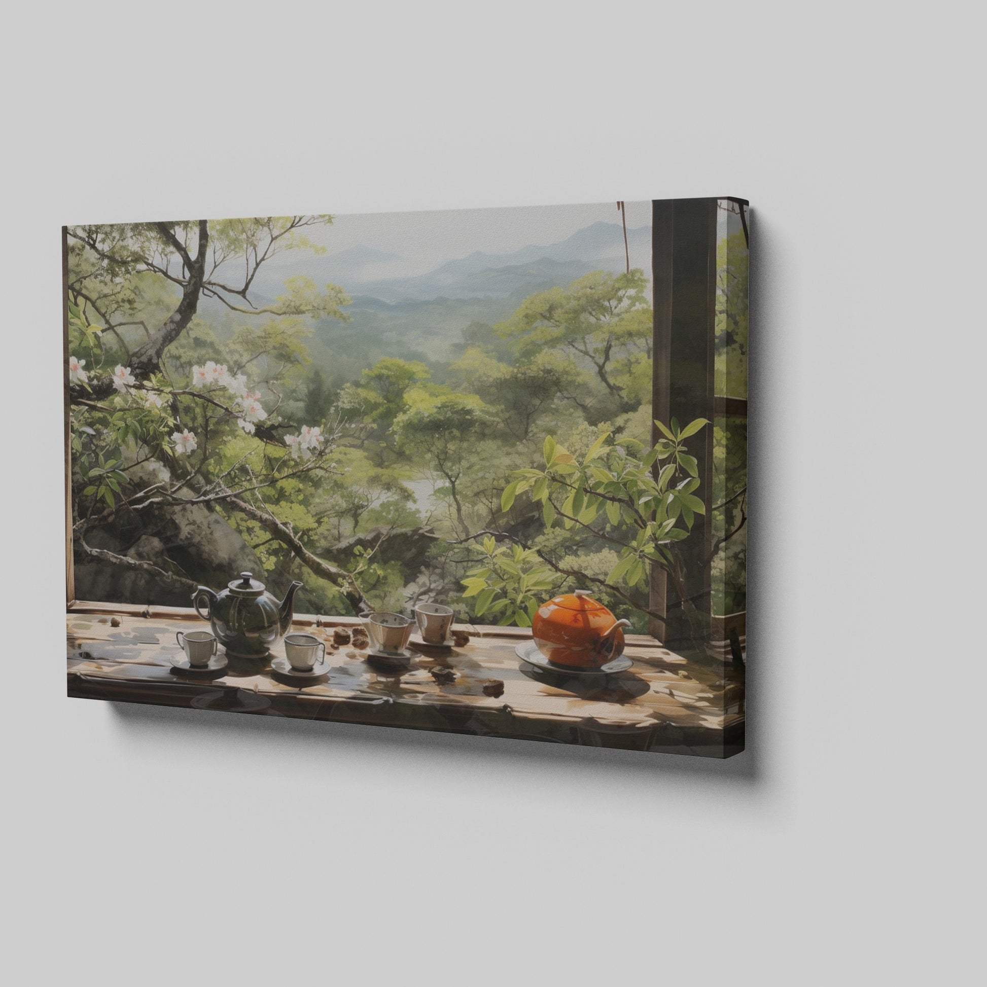 Framed canvas print of a serene Japanese tea garden view with cherry blossoms and mountains