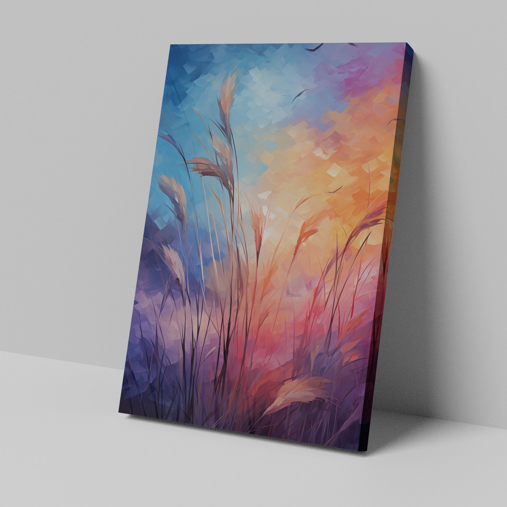 Framed canvas print of stylised grass with abstract, colourful geometric background