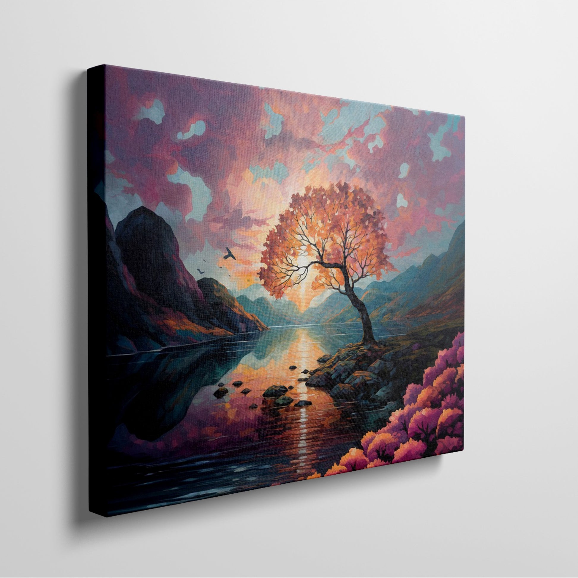 Framed canvas print of a vibrant autumnal landscape with sunset, serene lake, and colourful tree