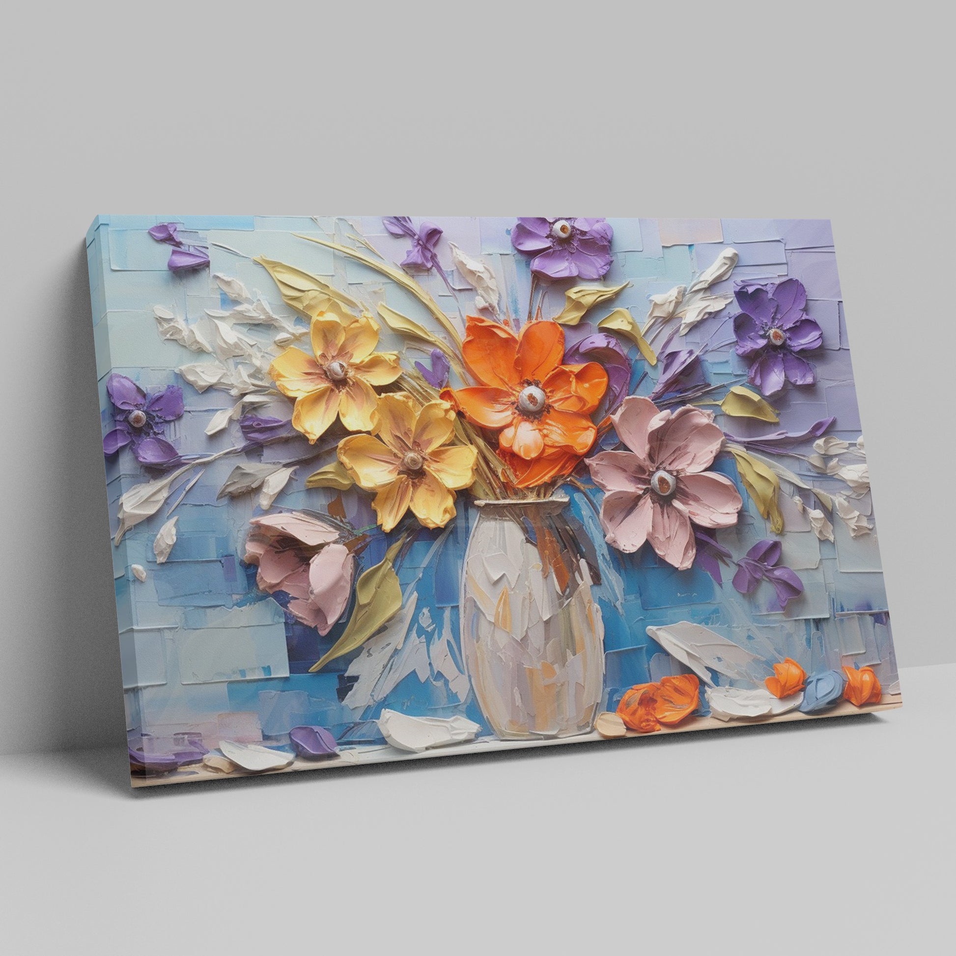 Framed canvas print of embossed and textured colourful flowers in impasto style