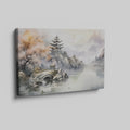 Framed canvas print of a traditional Oriental landscape with pagoda, autumn trees, and misty mountains