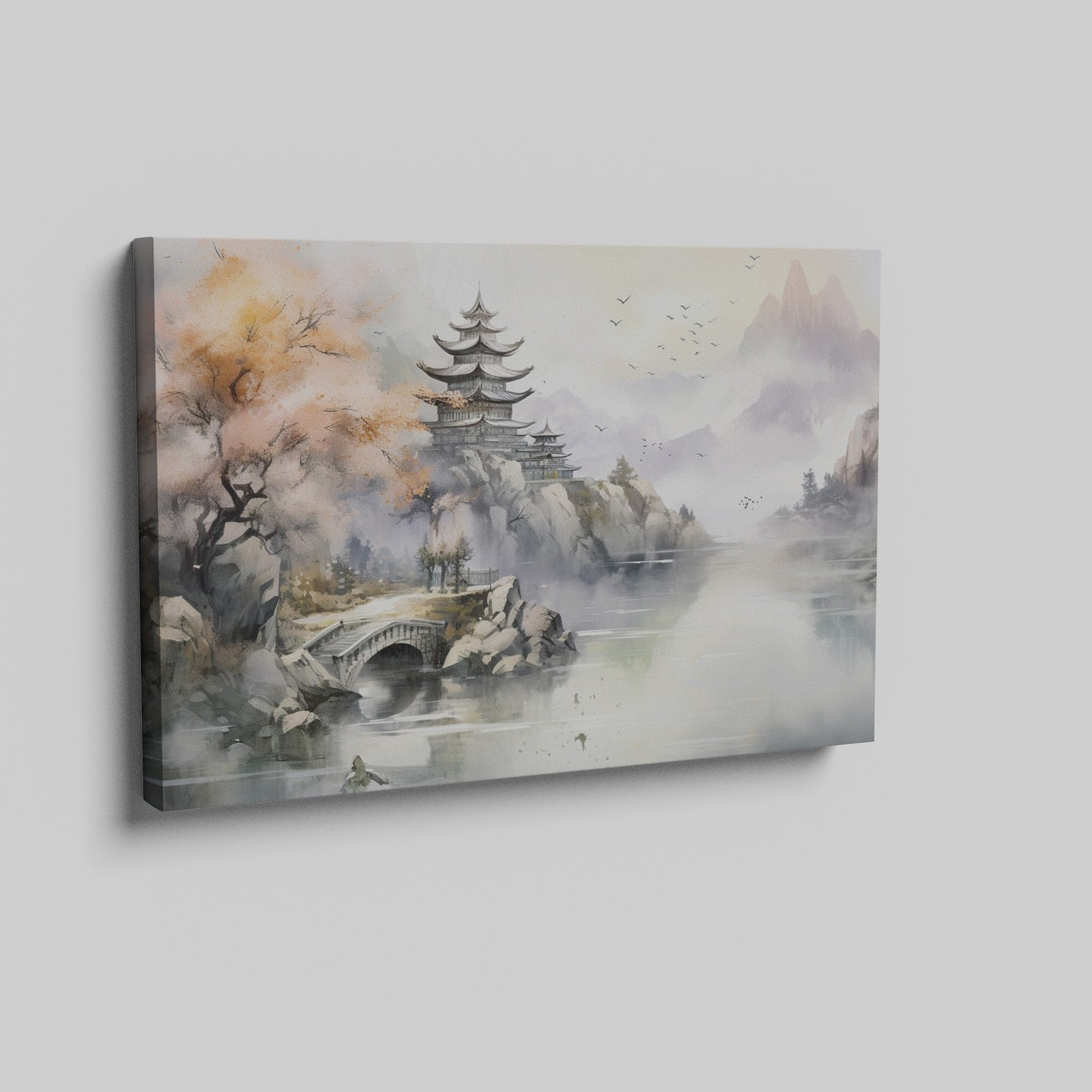 Framed canvas print of a traditional Oriental landscape with pagoda, autumn trees, and misty mountains