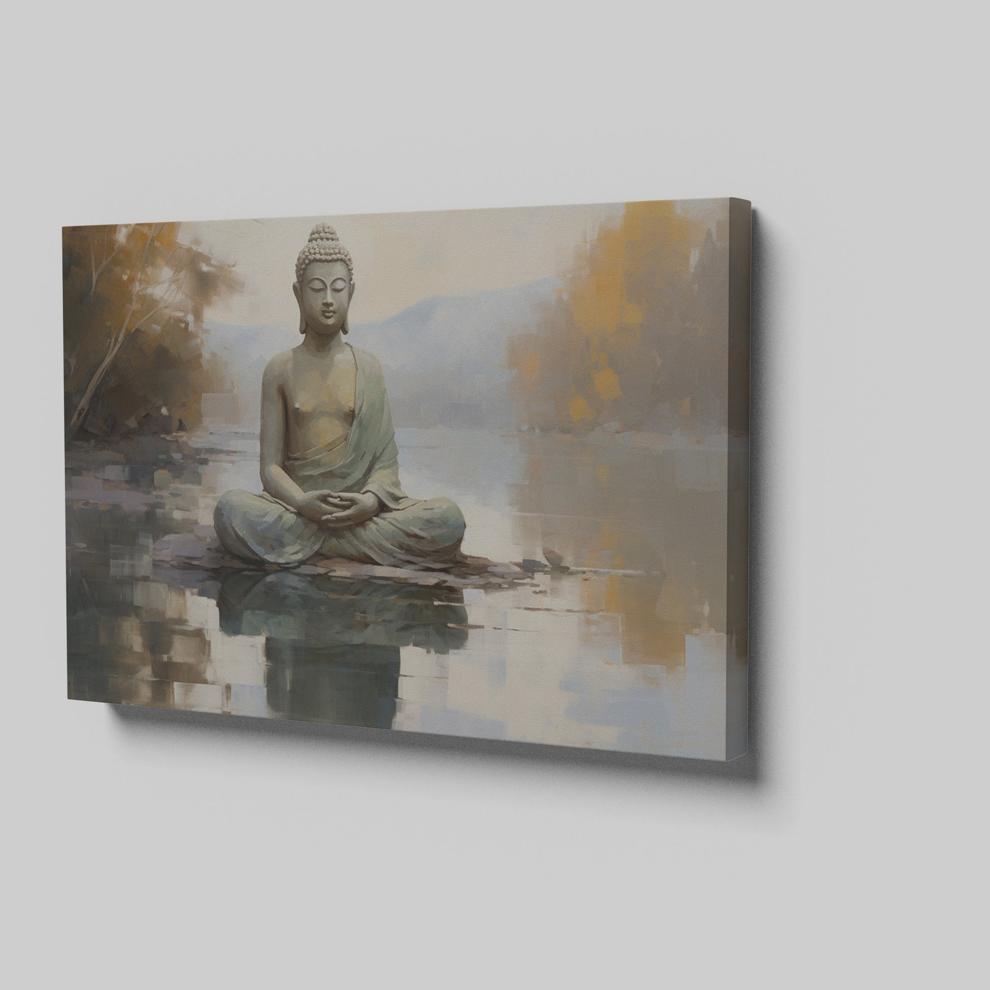 Framed canvas print of a serene Buddha in meditation with a reflective water landscape and autumnal trees