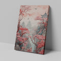 Framed canvas print of an oriental landscape with cherry blossoms and pagodas