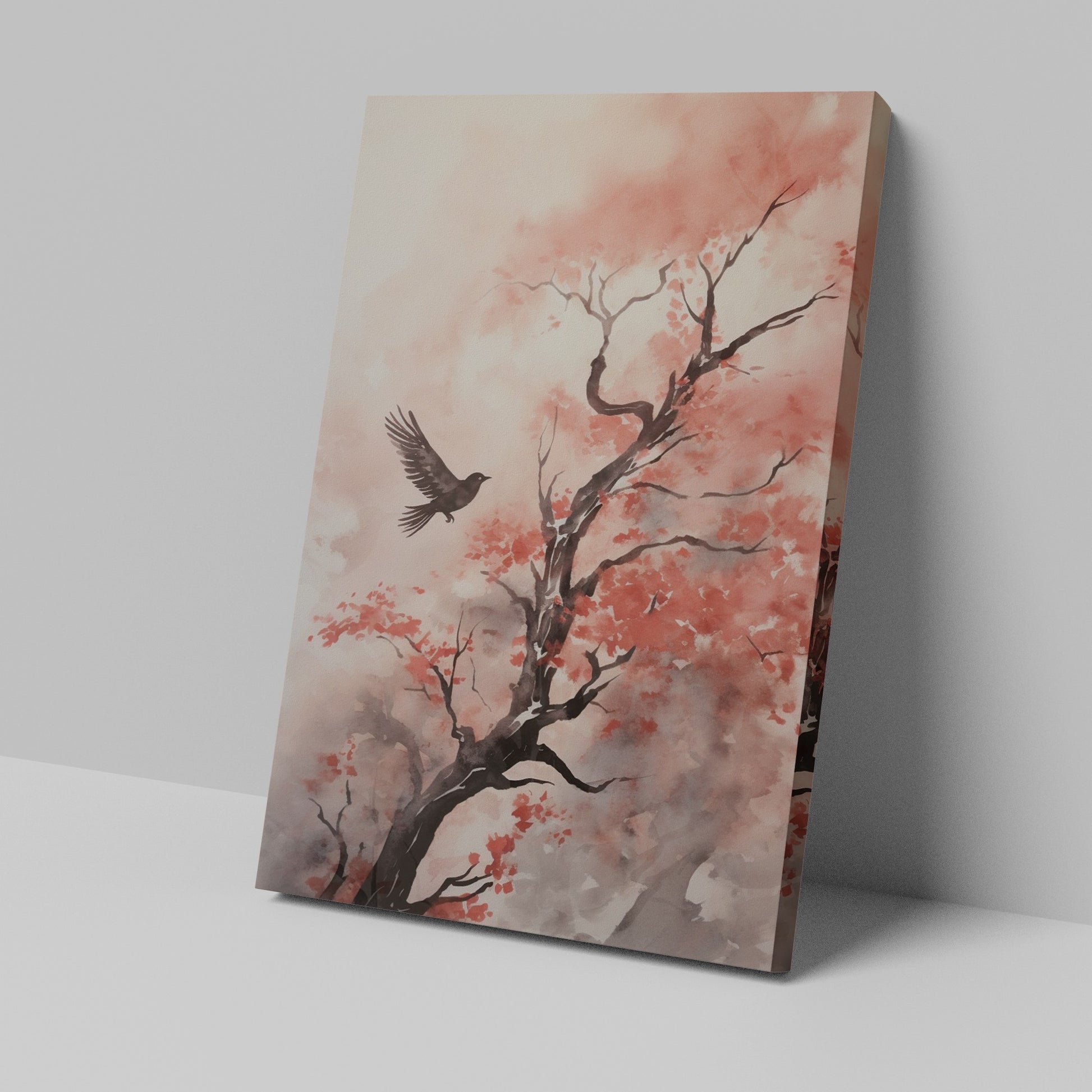 Framed canvas print of watercolour bird flying near red leaves on a tree