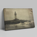 Framed canvas print of a vintage-style lighthouse on a stormy shore in sepia tones