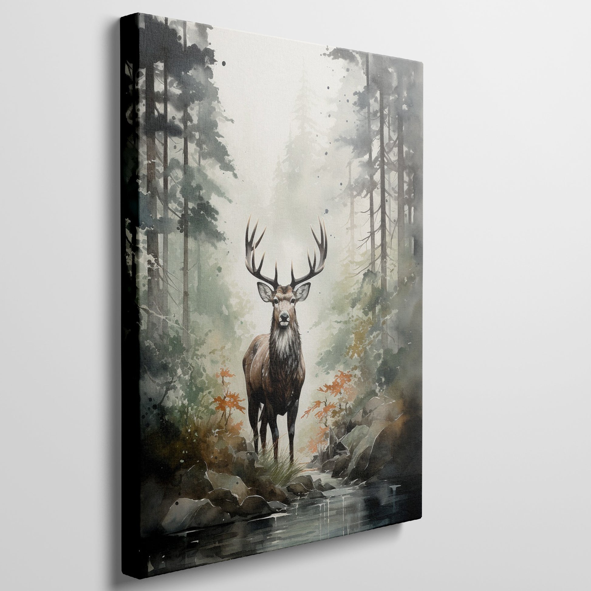 Framed canvas print of a majestic deer in a misty forest with autumnal colours