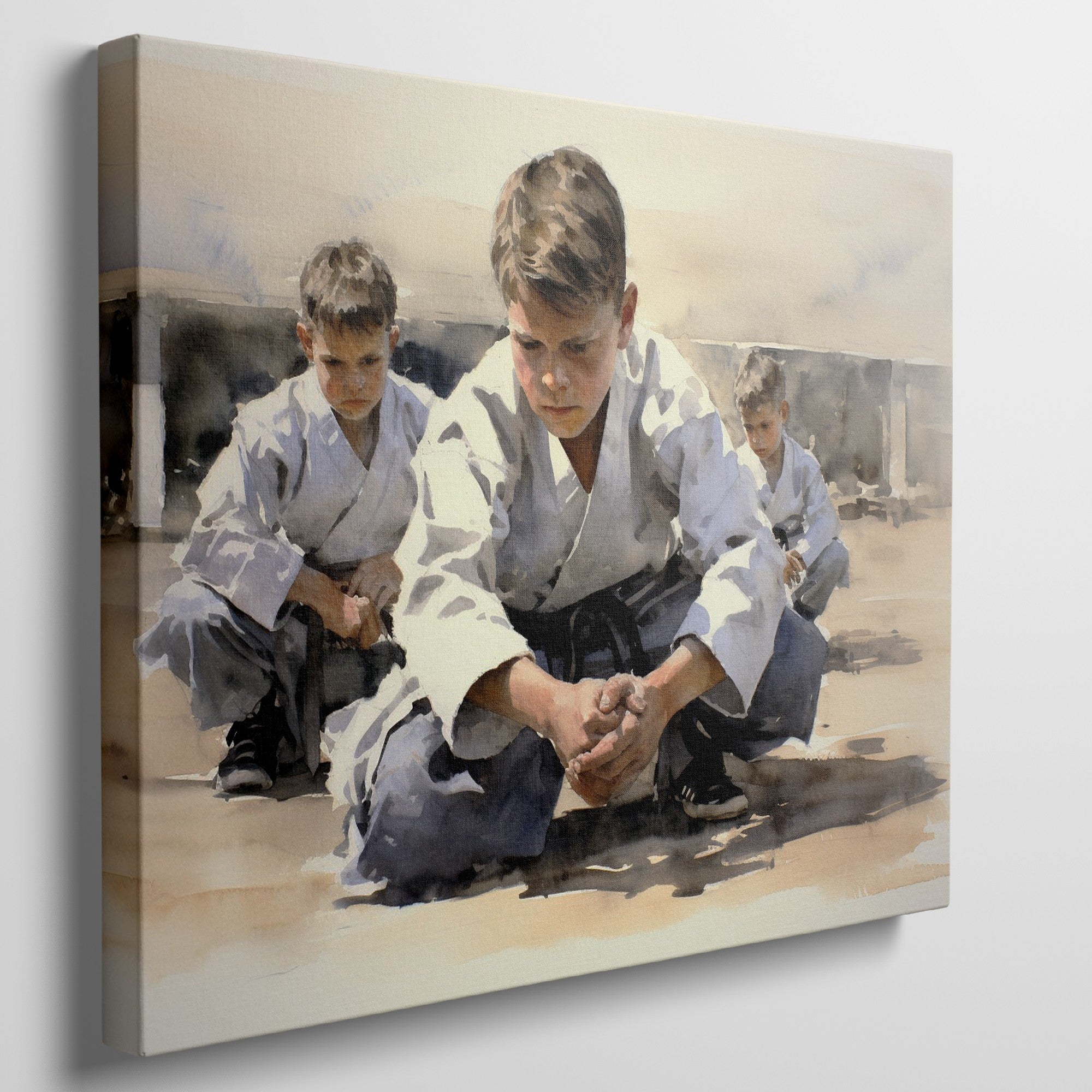 Framed canvas print of young karate students practicing in a dojo setting with warm neutral tones