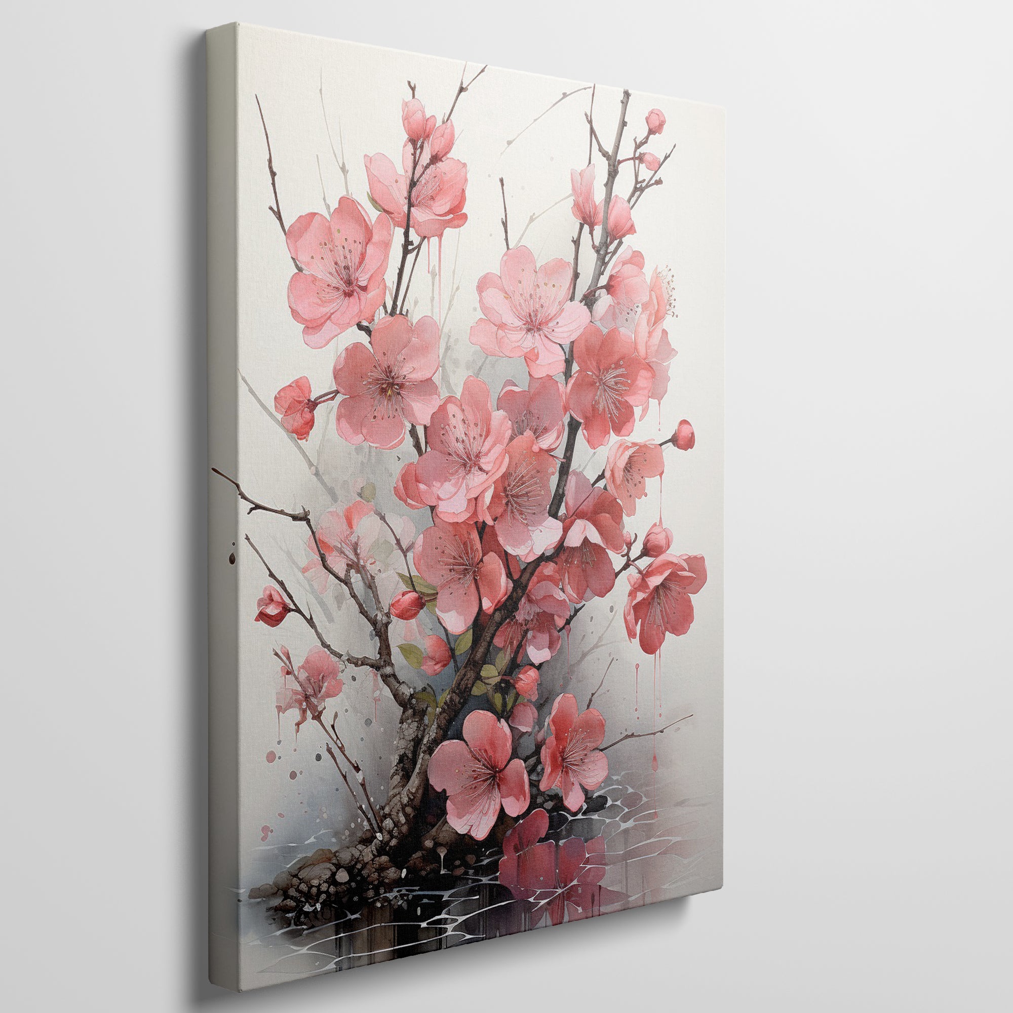 Framed canvas print of cherry blossoms with reflection and ink splashes