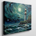 A canvas painting of a lighthouse on a cliff with a swirling starry sky and rough sea in shades of blue and green.