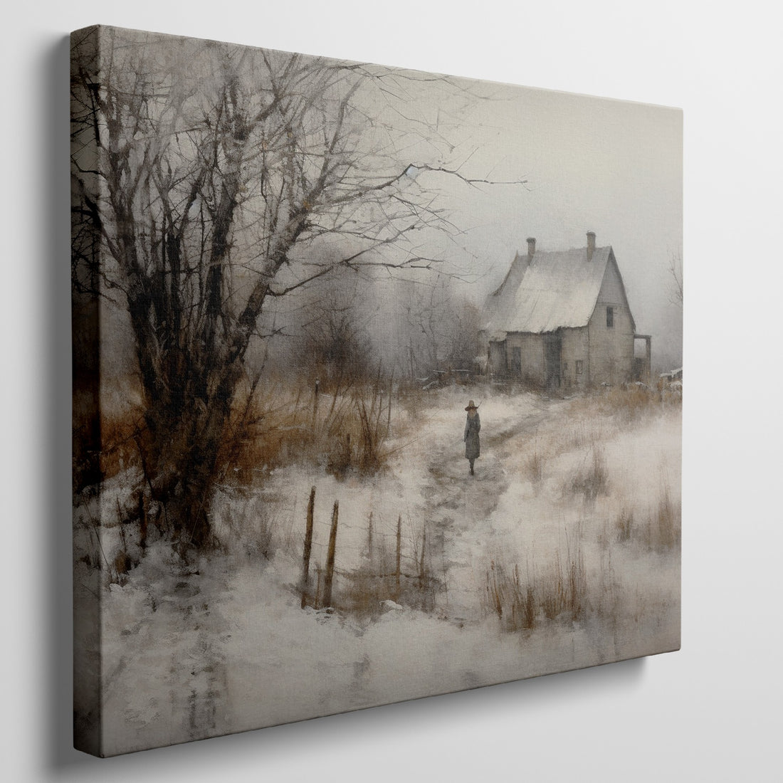 Framed canvas print of a rustic winter scene with a country home and an individual walking by